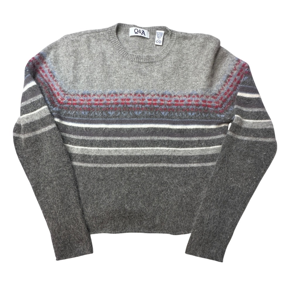 Vintage Q&A Sweater Womens L Grey Fair Isle Striped Lambswool Angora Crew Neck‎